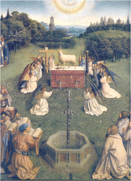 Jan Van Eyck, 'Adoration of the Lamb', detail from the Ghent Altarpiece, 1432. Oil on panel